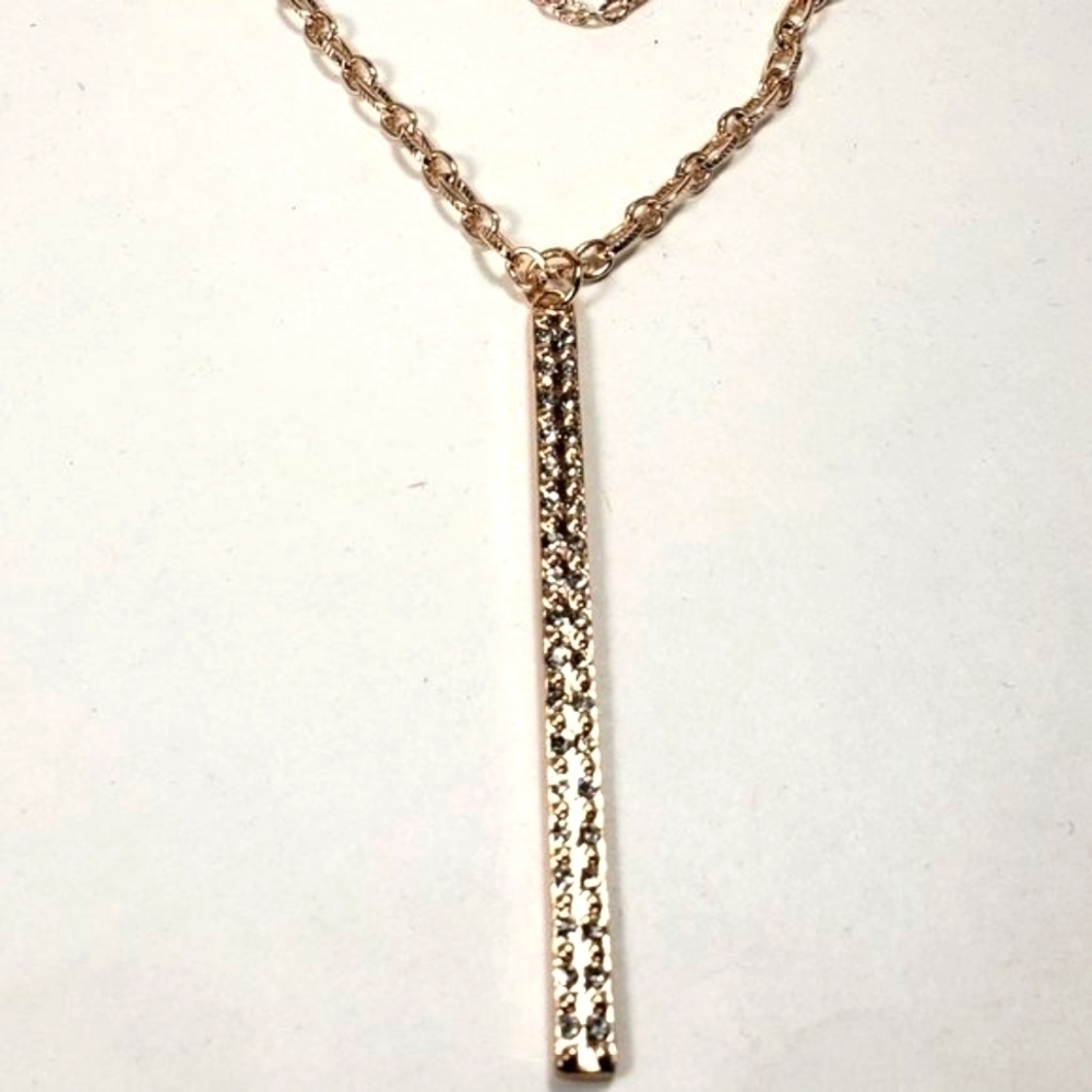 Multi Strand Rose Gold Tone 24 inches Crystal Vertical Bar Pendant Necklace - Picture 4 of 11